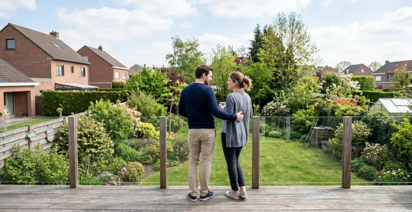 Un couple vu de dos se tient sur une terrasse en bois et observe leur jardin résidentiel, discutant de l'emplacement futur d'une piscine