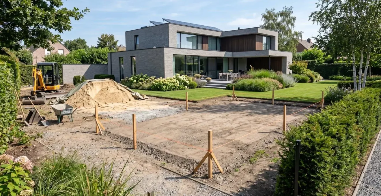 Un jardin résidentiel belge avec une zone délimitée par des piquets et une corde pour marquer l'emplacement futur d'une piscine, un tas de sable visible, terrain nivelé, maison contemporaine en arrière-plan