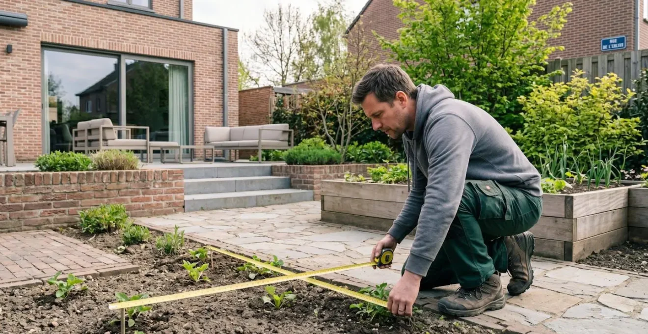 Une personne vue de profil mesure un espace dans un jardin avec un mètre-ruban, geste concentré, environnement résidentiel moderne belge